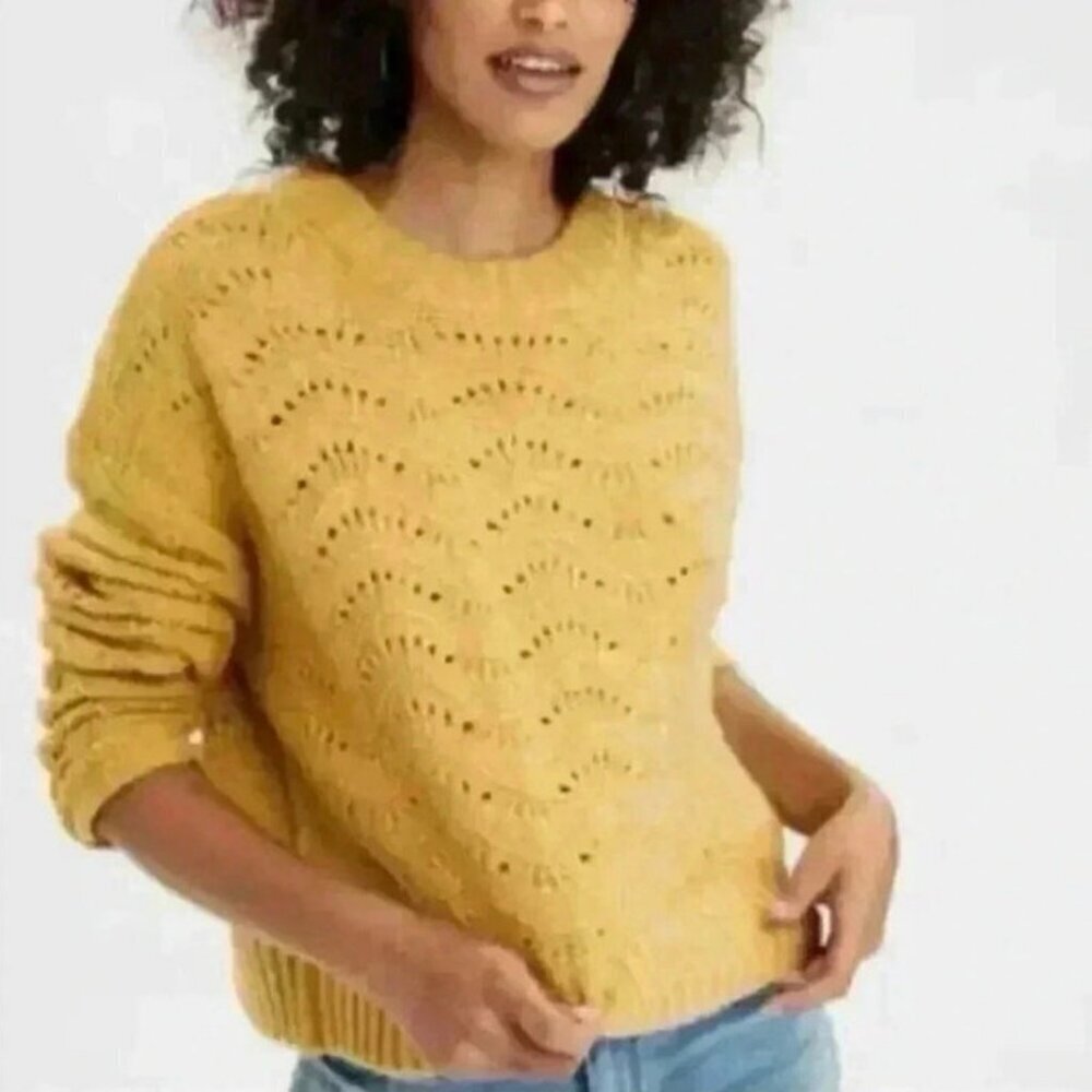 American Eagle Mustard Yellow Pointelle Knit Sweater Women’s Size XS